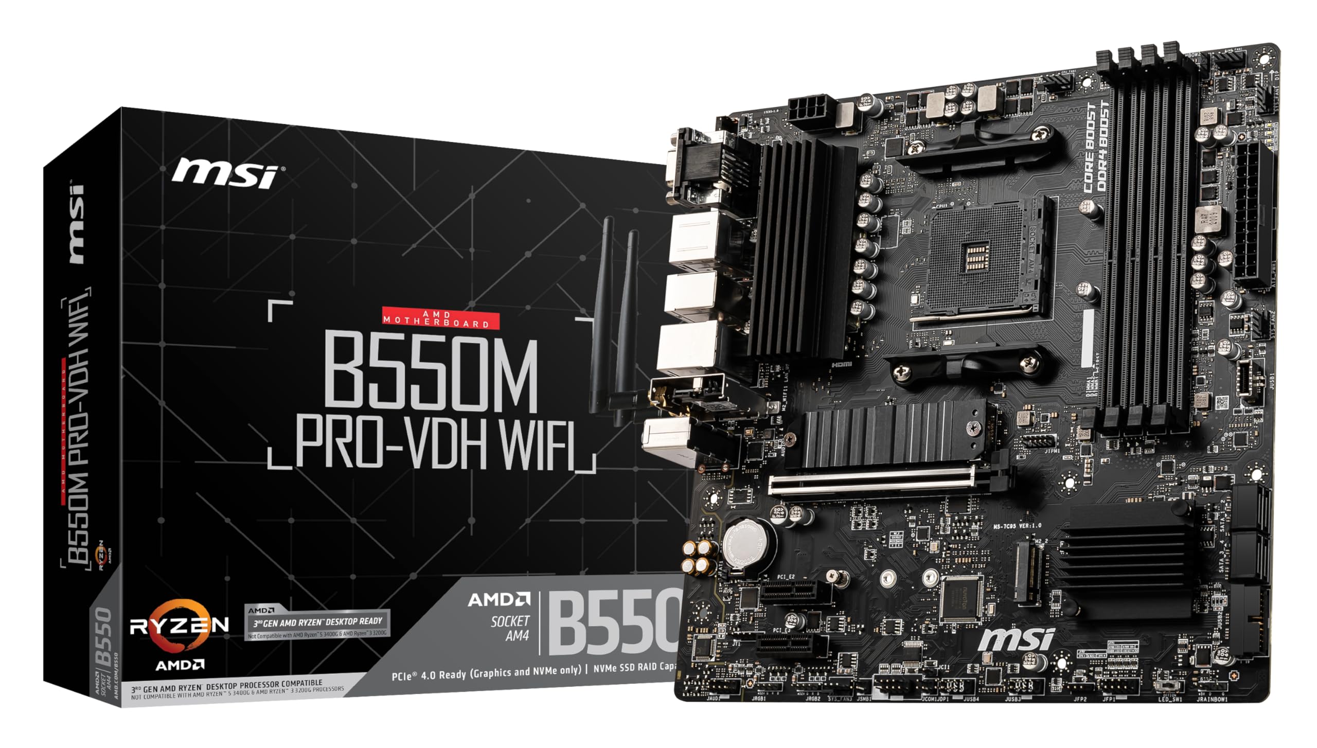 MSI B550M PRO-VDH WIFI Motherboard M-ATX - Supports AMD Ryzen 5000 Series Processors, AM4, DDR4 Boost (4400MHz/OC), 1 x PCIe 4.0 x16, 3 x PCIe 3.0 x16, 1 x M.2 Gen4, 1 x M.2 Gen3, Gigabit LAN, Wi-Fi 6