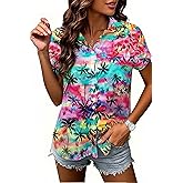 BEBNKGK Hawaiian Shirts for Women Soft Cool Hawaiian Shirt Beach Tropic Print V Neck T-Shirt Vacation Button Up Tops