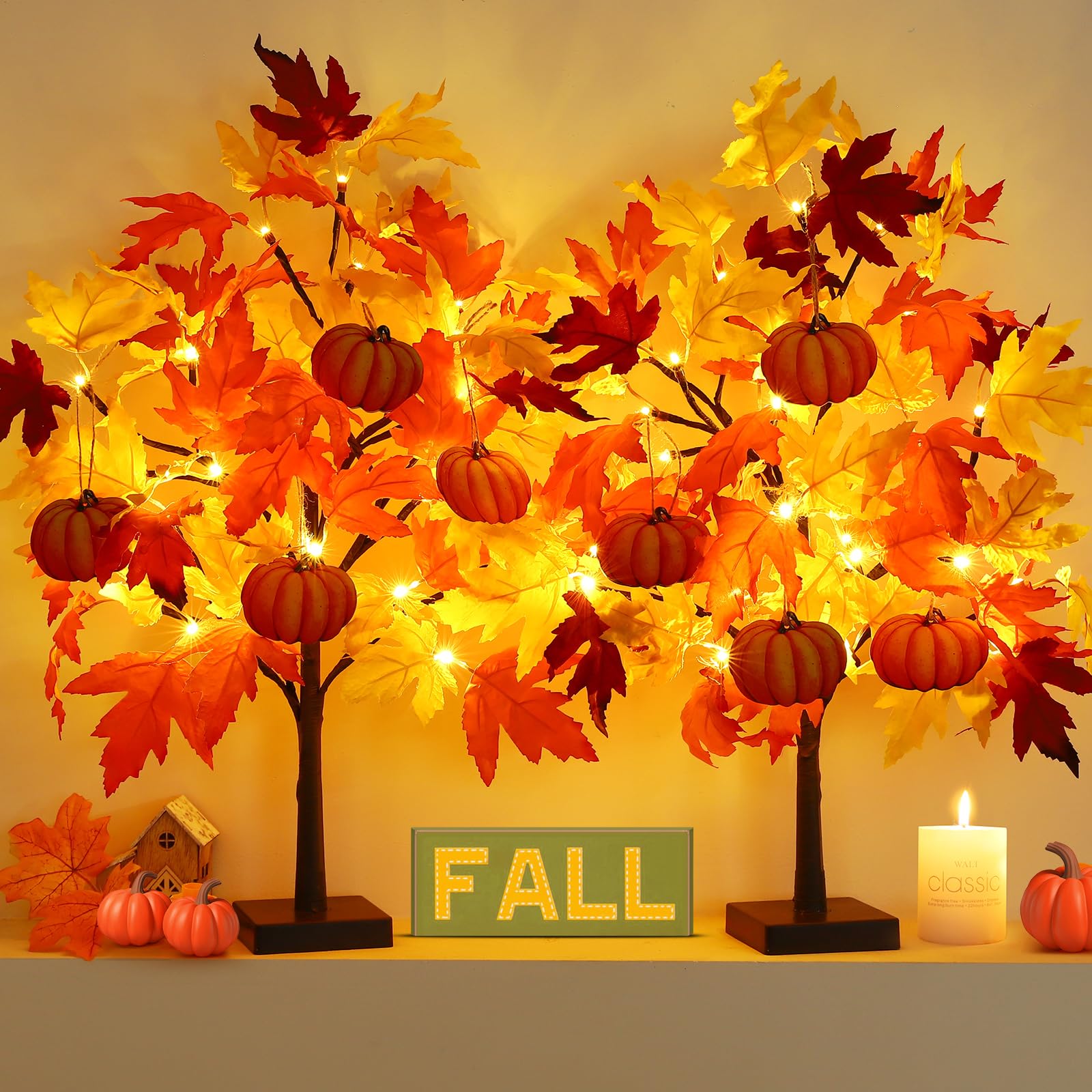 Photo 1 of Fall Décor 2 Pack 24 Inch Fall Maple Tree with 48 LEDs Battery Operated Fall Lights with 8 PCS Pumpkin Wooden Hanging Ornaments Artificial Tree for Fall Thanksgiving Home Table Decorations