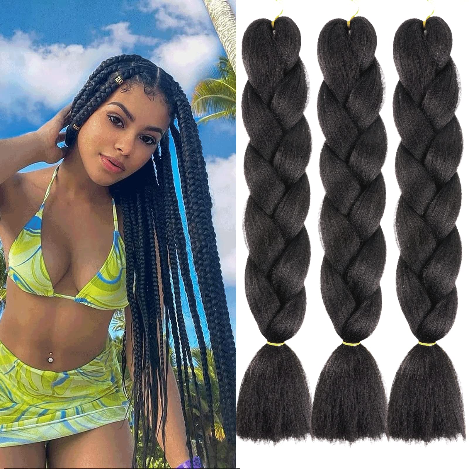 Xtrend 3 Packs 24 Inches Natural Black Jumbo Braiding Hair for Twist Box Bradis Kanekalon High Temperature Synthetic Braiding — image 1