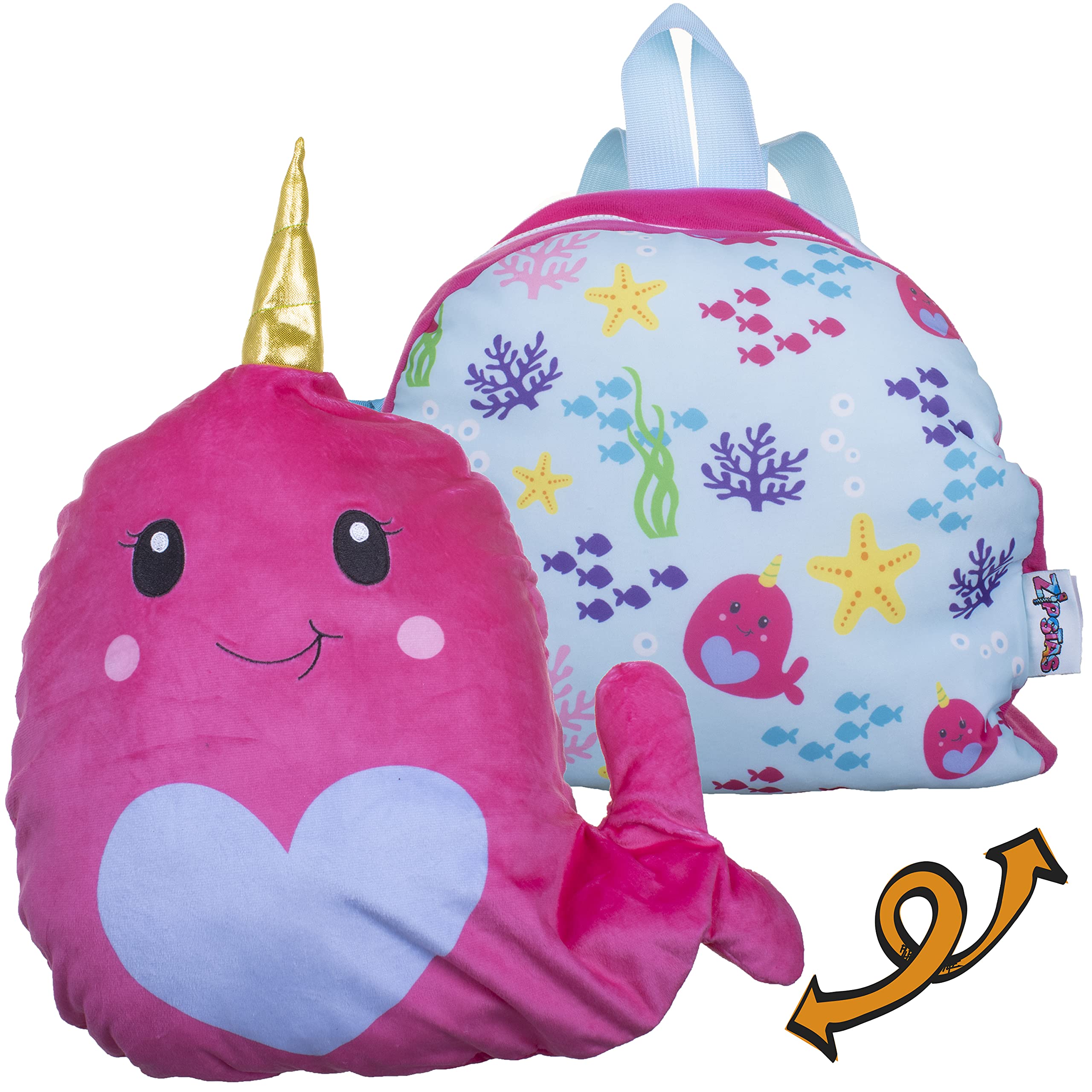 Zipstas Snuggle Pals 2-in-1 Girls Sleepover Bag Reversible Backpack Cuddly Narwhal Whale Soft Toy and Full Sized Bag