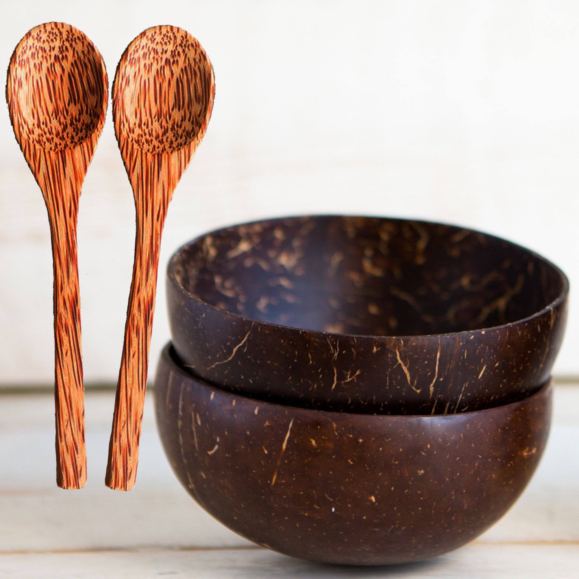 Natural Coconut Bowls and Spoons (set of 2) - Polished with Coconut Oil, Durable, Lightweight, Useful, Large Wooden Serving Bowl for Fruits or Salads, Breakfast, Decoration, Vegan Friendly