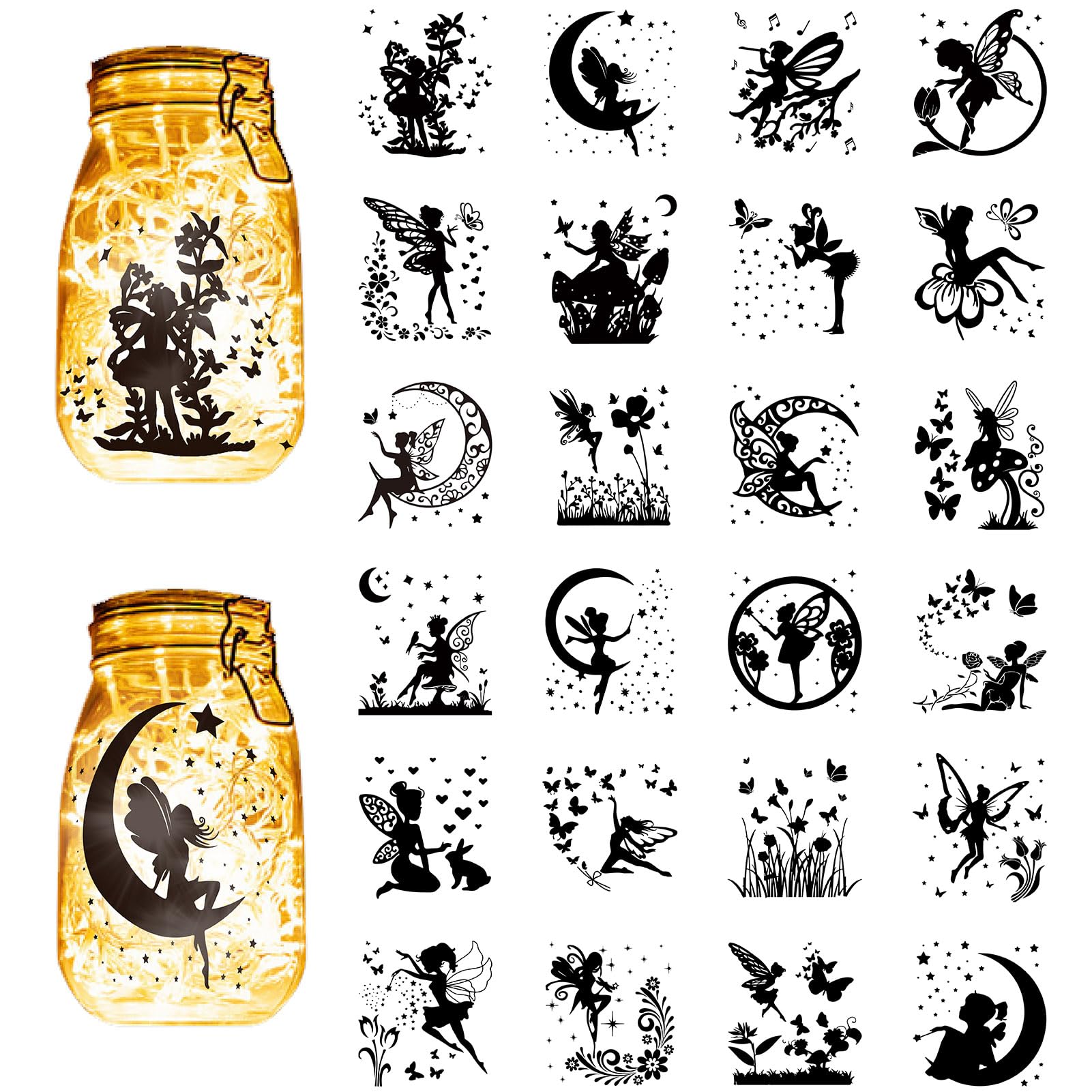 CREATCABIN 24Pcs Fairy Silhouettes Mason Jar Decor Lantern Laser Cutouts Decoration Plastic Scrapbook Embellishment for Jars Wall Windows Glass Cars Decor DIY Crafts Gifts Black 3.9x3.5Inch