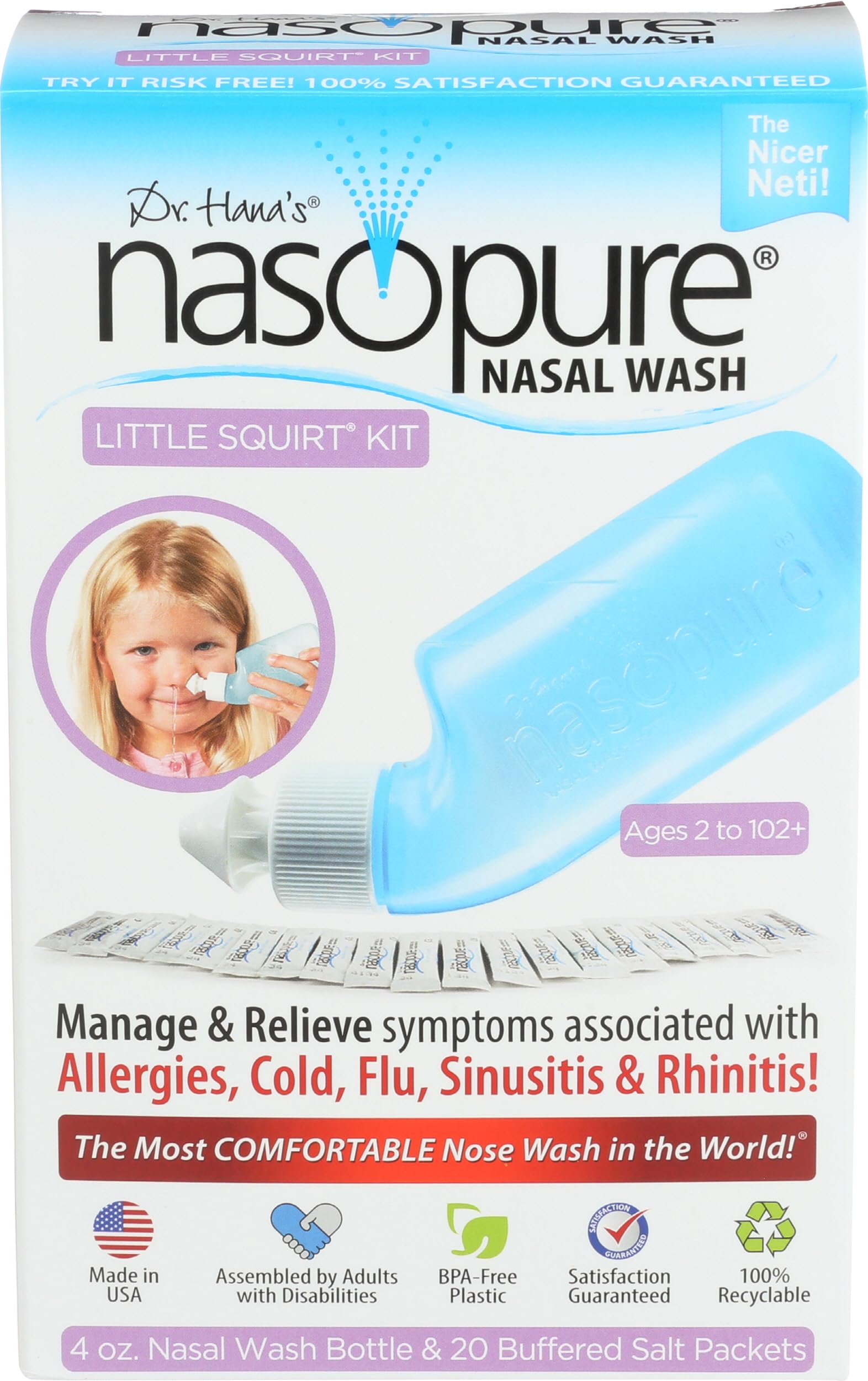 DR HANA'S NASOPURE The"Nicer Neti Pot" for Kids | Little Squirt Kit | 4 Ounce Bottle with 20 Buffered Salt Packets | Allergy and Congestion Relief Nasal Wash