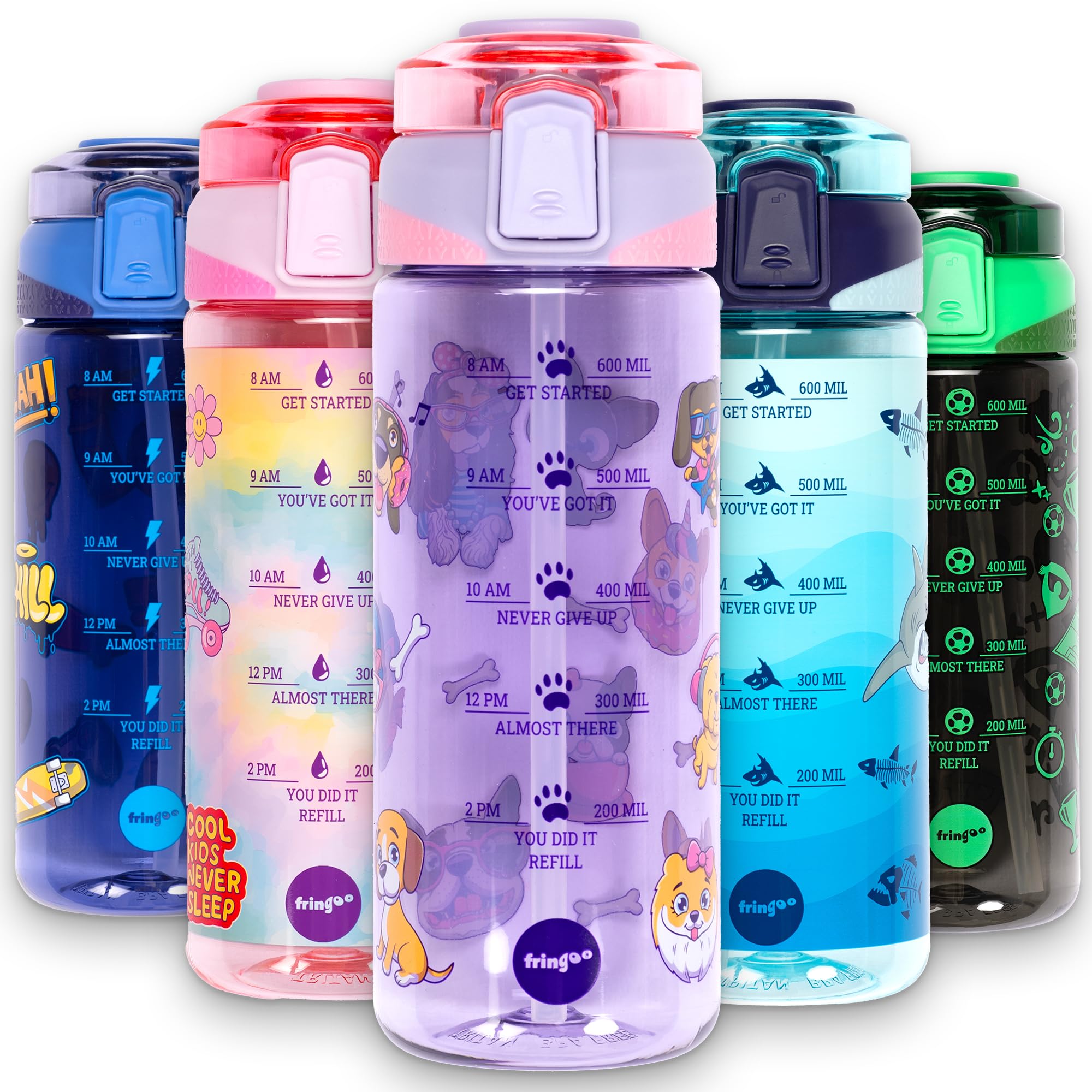 Fringoo - 650ml Kids Water Bottle - Carry Handle 100% Leakproof & BPA Free Tritan Silicon Straw - Secure Flip Lock Lid, Purple Fancy Dogs Design