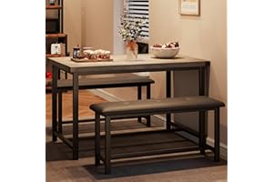 Fancihabor Dining Table Set for 4, Kitchen Table with Benches, Rectangular Dining Room Table Set with Upholstered Benches, 3 Piece Kitchen Table Set for Small Space, Apartment, Rustic Grey