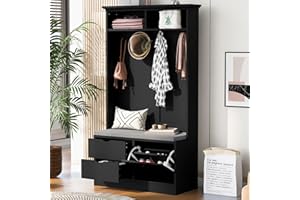 JIVOIT Modern 5-in-1 Entryway Bench with Coat Rack, 40.6'' Wide Hall Tree with Shoe Storage Bench, Cushion and 4 Sturdy Hooks, Multi-Functional Coat Racks for Hallway, Entryway, Living Room