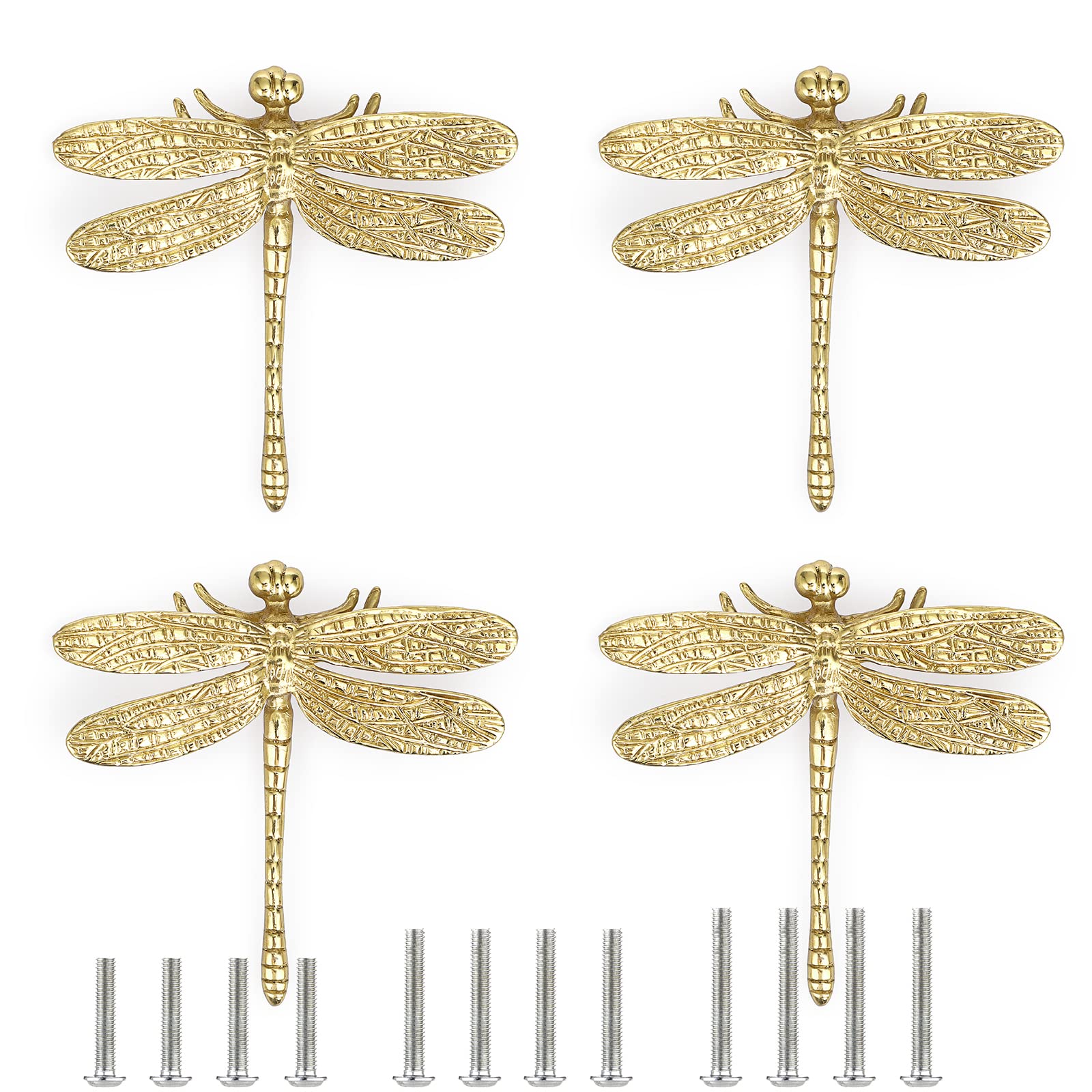 BSTKEY 4 Pcs Brass Drawer Knobs Pull Handle, Gold Dragonfly Designed Furniture Pull Knob with Screw, Cupboard Wardrobe Cabinet Dresser Handle
