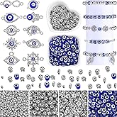1450 Pcs Evil Eye Beads Set Rhinestone Kits Includes 200 Evil Eyes 20 Hand Charms 180 Rondelle Spacer Beads 800 4 mm and 250 8 mm Round for DIY Jewelry Making (Silver)