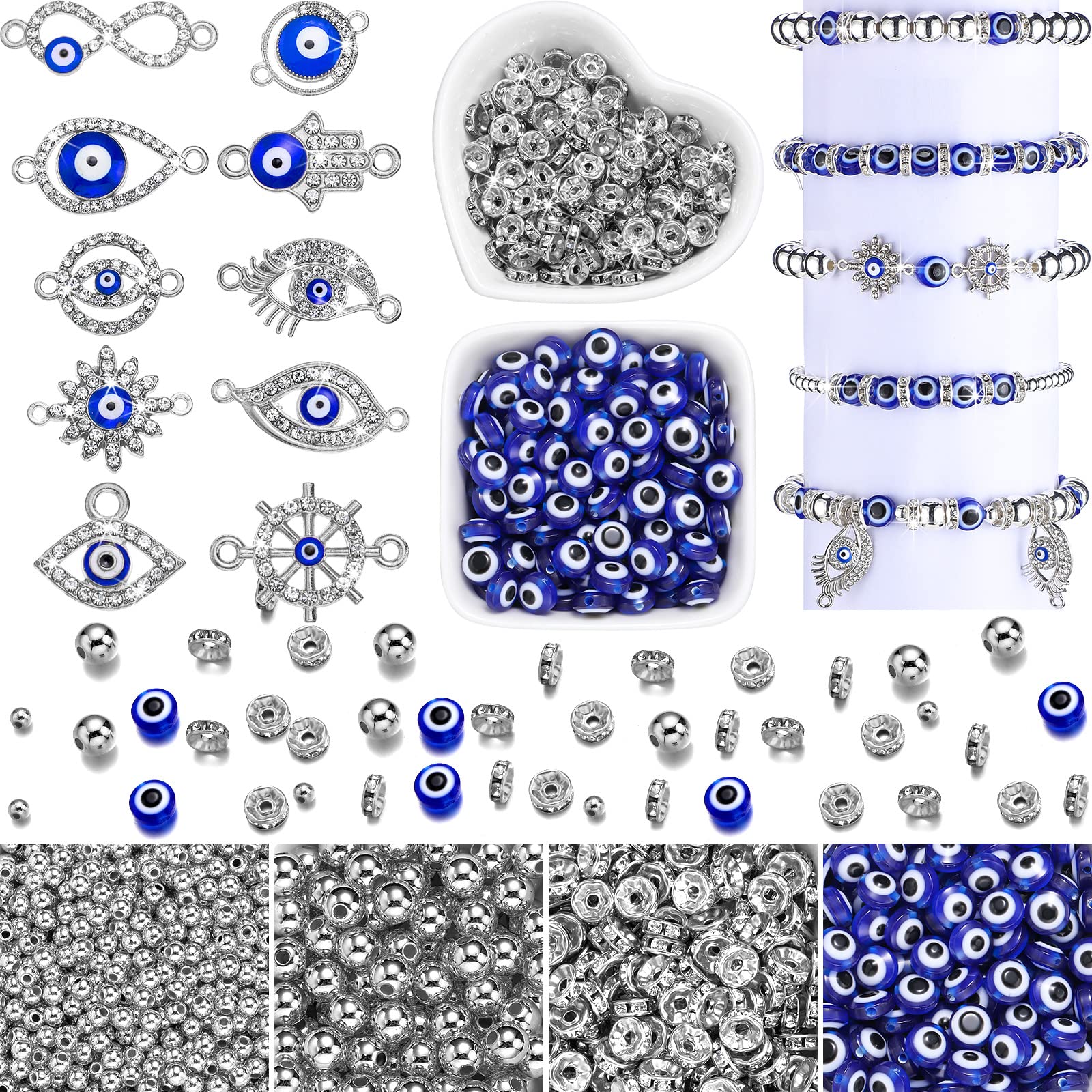 Photo 1 of 1450 Pcs Evil Eye Beads Set Rhinestone Kits Includes 200 Evil Eyes 20 Hand Charms 180 Rondelle Spacer Beads 800 4 mm and 250 8 mm Round for DIY Jewelry Making (Silver)