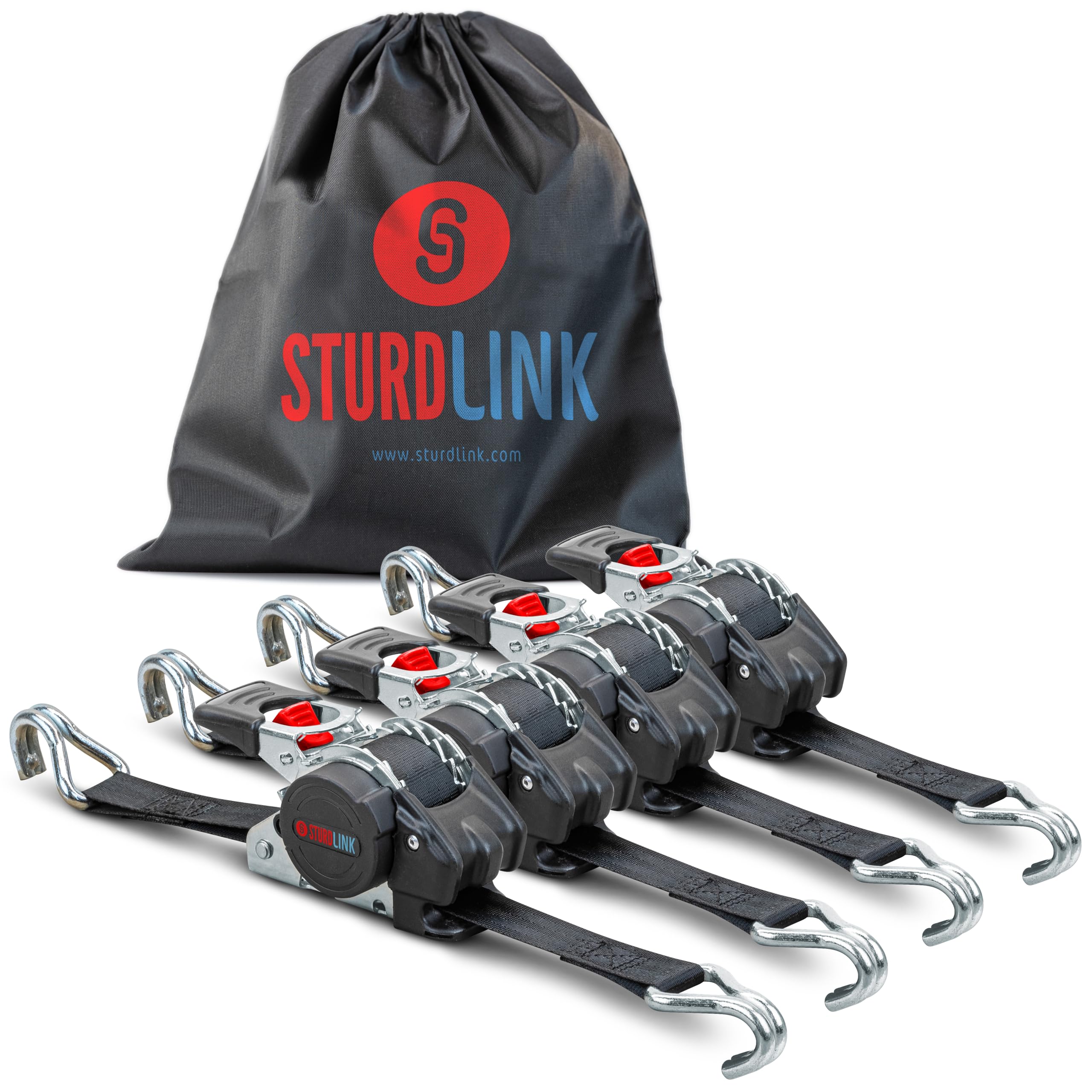 Ratchet Tie Down Straps 3m 25mm with Automatic Strap Winder and Double J Hooks LC 300daN/600daN in U | Rectractable Straps Ideal Trailer Attachment for Motorcycle Quad Bike Boat | Sturdlink — image 1