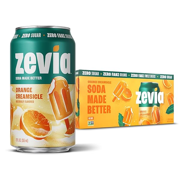 ZEVIA ZERO SUGAR SODA, ORANGE CREAMSICLE, 12 OZ CANS (8-PACK) – CAFFEINE FREE, NATURALLY SWEETENED, NO CALORIE SODA – NON-GMO PROJECT VERIFIED, GLUTEN-FREE, VEGAN