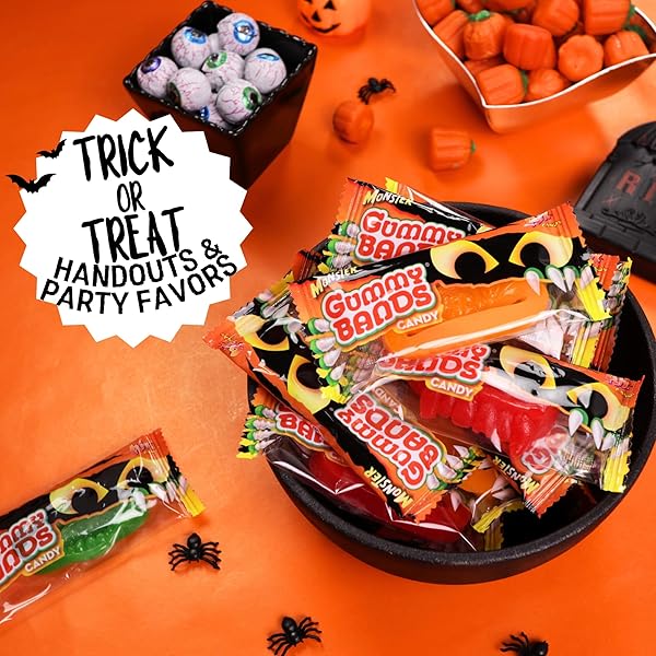 HALLOWEEN GUMMY CANDY BANDS TRICK OR TREAT PASS OUT TREATS, 18 PACK, INDIVIDUALLY WRAPPED, ASSORTED FLAVORS