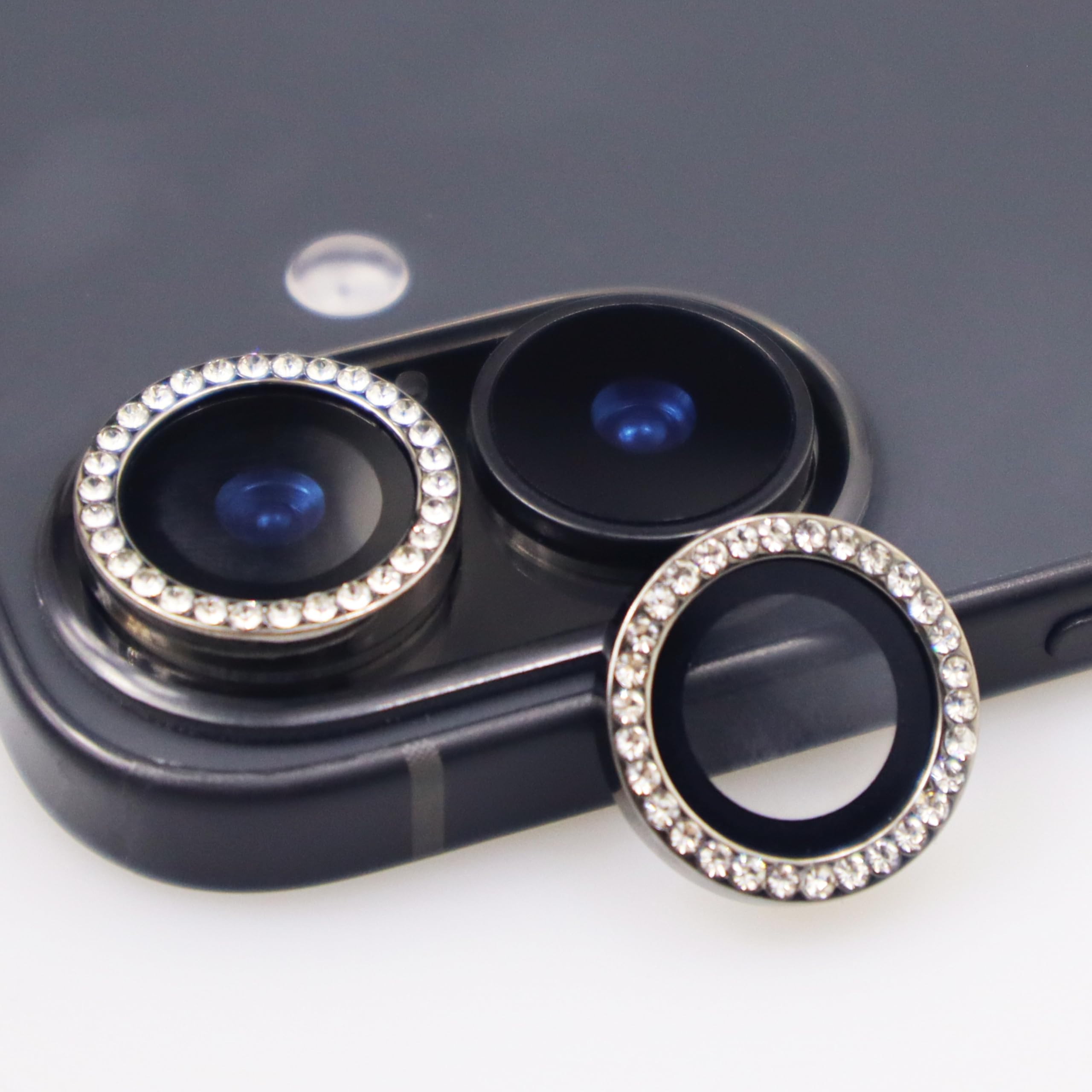 BONVAN for iPhone 16/16 Plus Camera Lens Protector Bling Glitter Diamond Metal Crystal Tempered Glass Screen Accessories Rhinestones Lens Cover for iPhone 16 / 16Plus (Diamond Black)