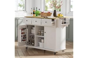 Coolove Kitchen Island with Storage on Wheels, 53" Large Rolling Kitchen Island with Drop Leaf, Mobile Kitchen Islands Cart with 3 Drawers 2 Cabinet, Open-Shelf, Islands Table (White, 3 Drawers)
