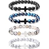 Sahoottie Beaded Cross Bracelet Christian Bracelets for Men 8MM Black Crystal Bracelet for Men Stretch Adjustable Bracelets Gifts for Friends