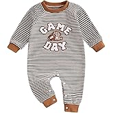 Lehoso Newborn Baby Girl Boy Romper Waffle Game Day Embroidery Long Sleeve Stripe Bodysuit Infant Fall Winter Clothes