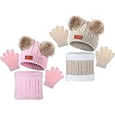 6 Pcs Kids Winter Hat Gloves Scarf Set Warm Knitted Beanie Neck Warmer Gaiter Cold Weather Accessories for Boys Girls Toddlers 1-5 Years Old, Beige and Pink