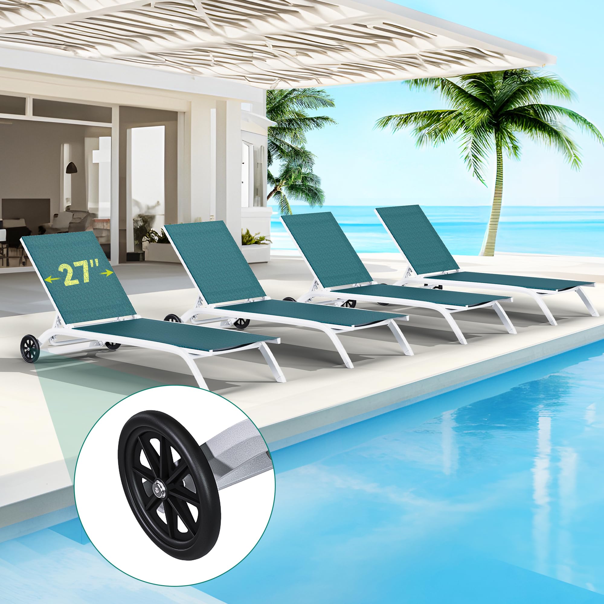 YITAHOME Aluminum Chaise Lounge Outdoor Set of 4, Widened Patio Lounge Chair with Wheels, 5-Position Adjustable Sunbathing Recliner for Poolside, Backyard, Lawn (Dark Green)