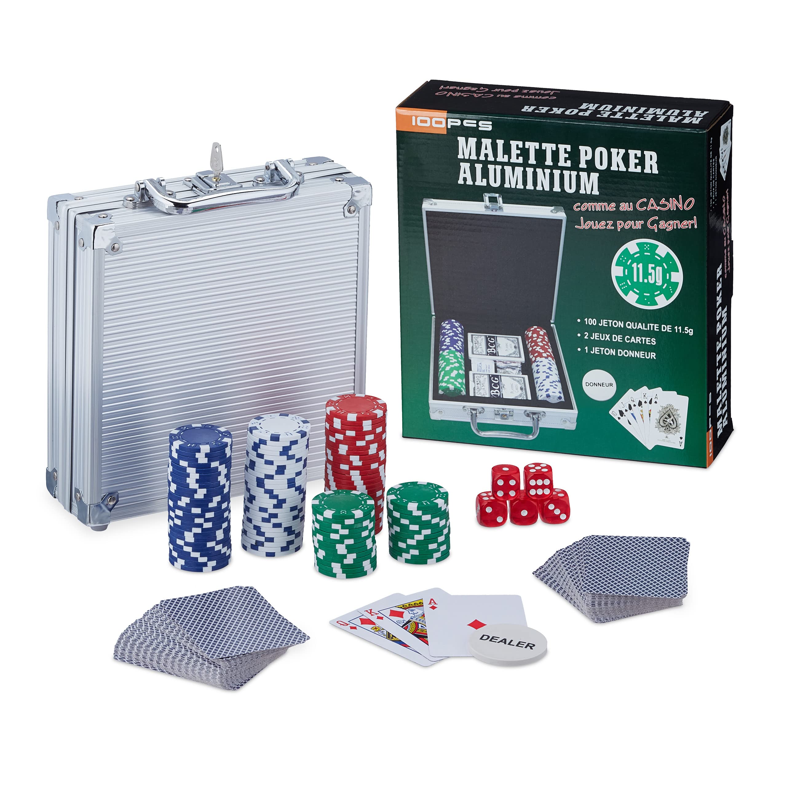 Relaxdays Poker Set, 100x Chips, 2 Card Decks, 5 Dice, Dealer Counter, Travel Case, Professional, Casino Night, Silver