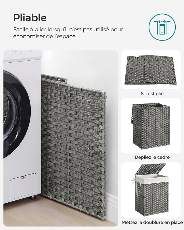 Panier à linge 90 litres, en rotin synthétique, avec couvercle