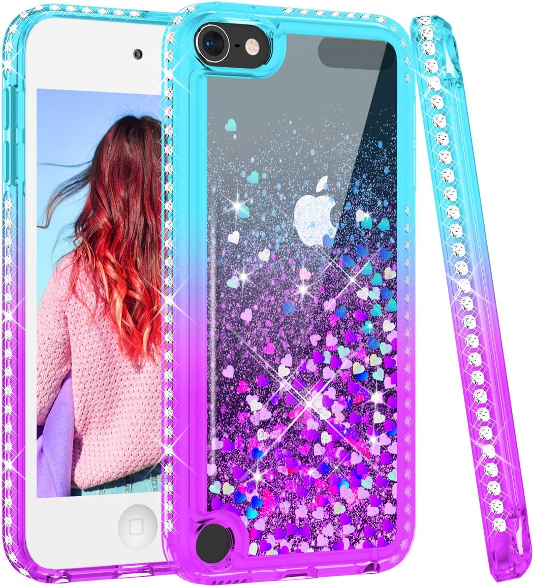 Maxdara iPod Touch 5 6 7 Case, Glitter iPod 5th 6th 7th Generation Case for Girls Children Liquid Bling Sparkle Rhinestone Diamond Cute Case for iPod Touch 5th 6th 7th (Teal Purple)
