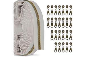 Zynzaoacs #5 Zipper by The Yard with Pulls, Continuous Beige Tape (10Yds) and Rust-Proof Antique Brass Pulls (25Pcs), Bulk Zippers for Sewing Bags and Purses, Cuttable Nylon Zipper Roll