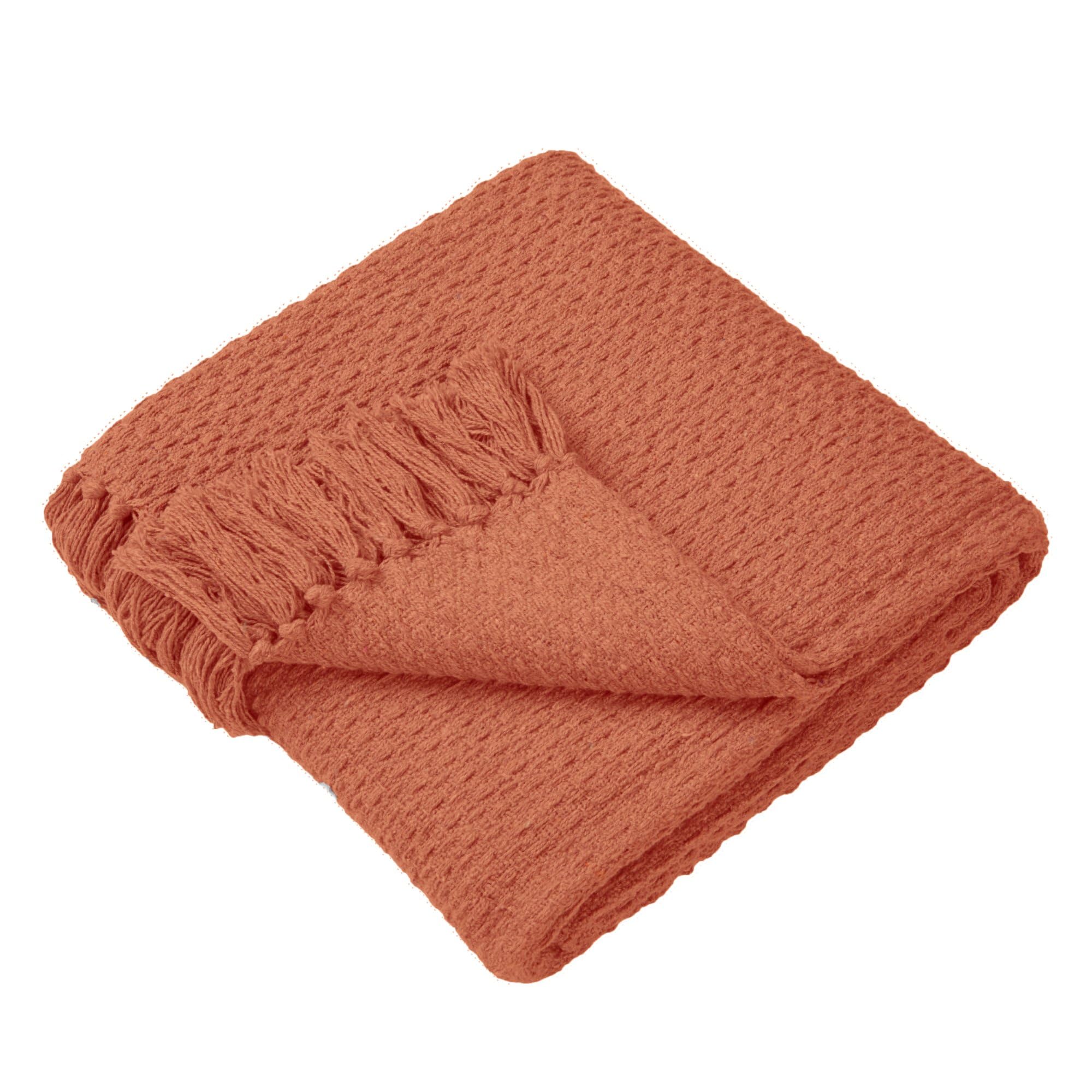 Drift Home - Terracotta Throw Blanket With Tassel (180 x 130cm) - Sustainable Recycled Cotton - Woven Basket Weave - Textured Sofa Throw Orange - Large