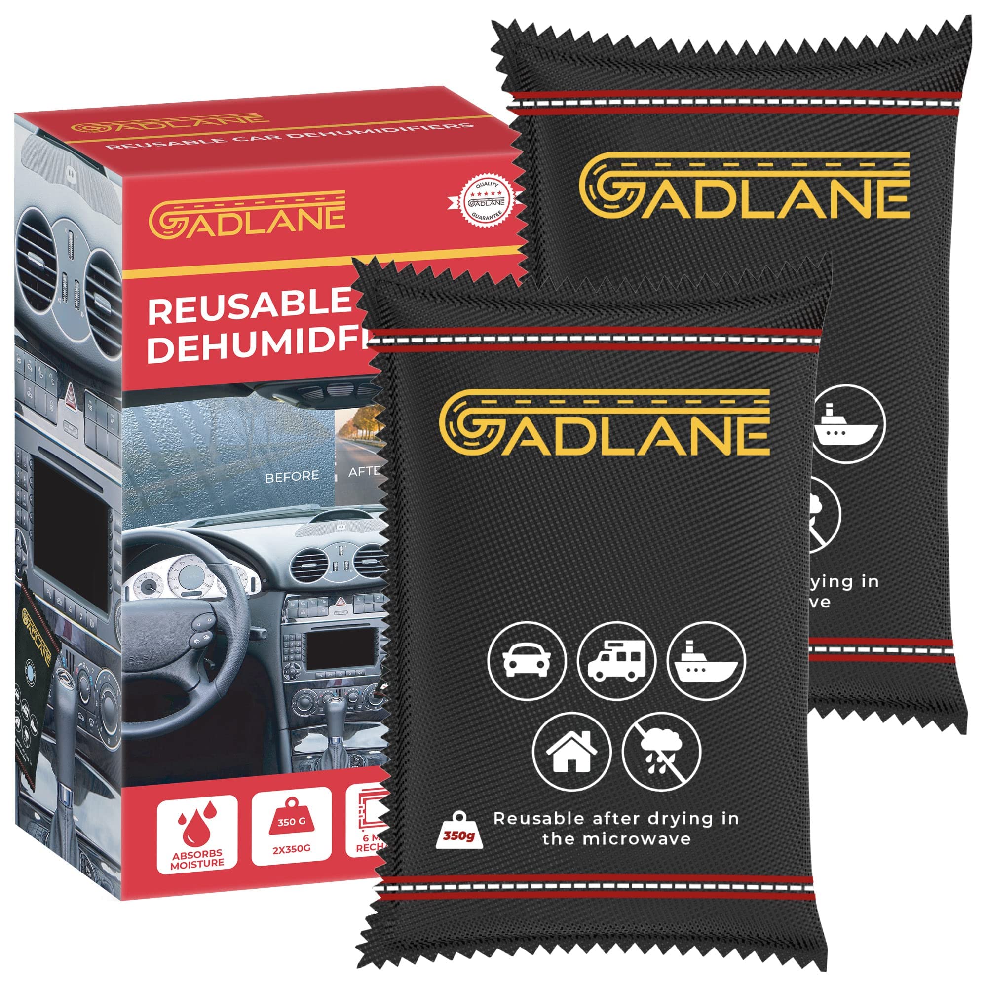 GADLANE Car Dehumidifier Bag Reusable - 2pcs Reusable Car Dehumidifier Bags, Eliminates Foggy Damp Windscreen - Moisture Absorber for Caravan, Van Silica Gel 350g Bags (Pack Of 2)