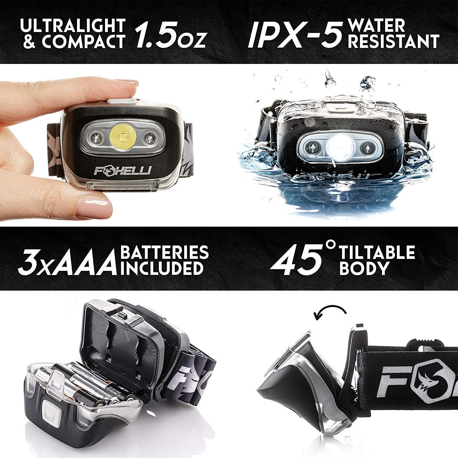 Foxelli Headlamp Flashlight - 165 Lumen, 3 x AAA Batteries Operated, Bright White Cree Led + Red Light, Perfect for Runners, Lightweight, Waterproof, Adjustable Headband, 3 AAA Batteries Included: Sports & Outdoors