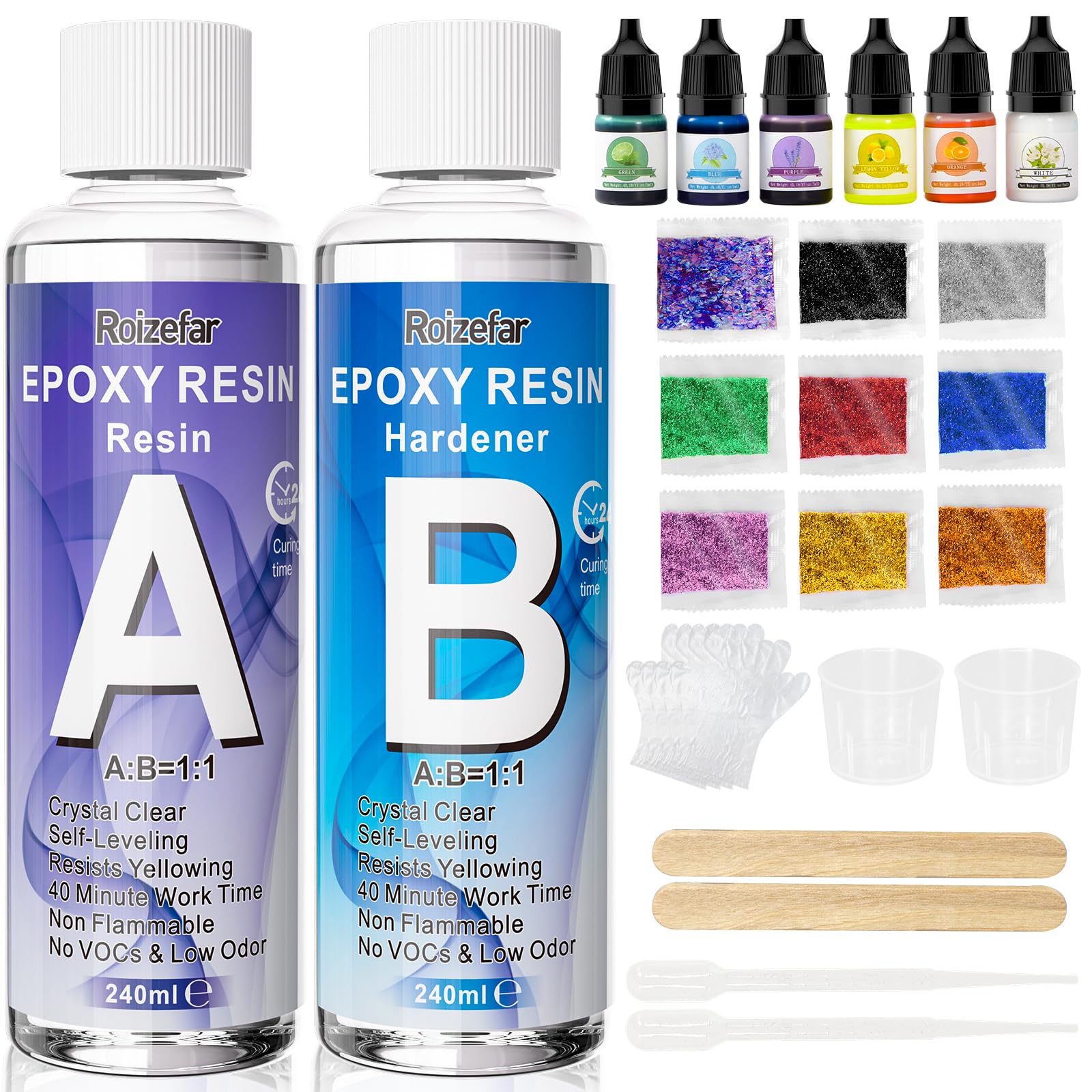 Roizefar Epoxy Resin Kit, 480ml Crystal Clear Resin Kits for Beginners, Resin Accessories with Resin Pigment, Glitter, Sequins, Casting Resin Starter Kit for Jewelry Making，Art Craft