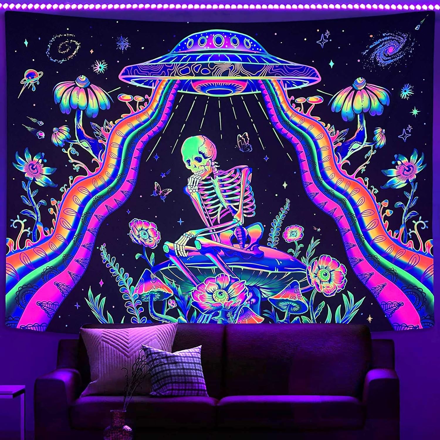Tapestries - Lifeel Blacklight Skeleton The Thinker Tapestry,Hippie UV Reactice Floral Mushroom Plant Tapestries, UFO Skull Alien Tapestry for Bedroom Home Decor Multi 36×48 inch