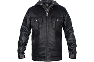 whattry Mens Faux Leather Jacket, Padded Windbreaker, Motorcycle Biker Bomber Coat with Hood