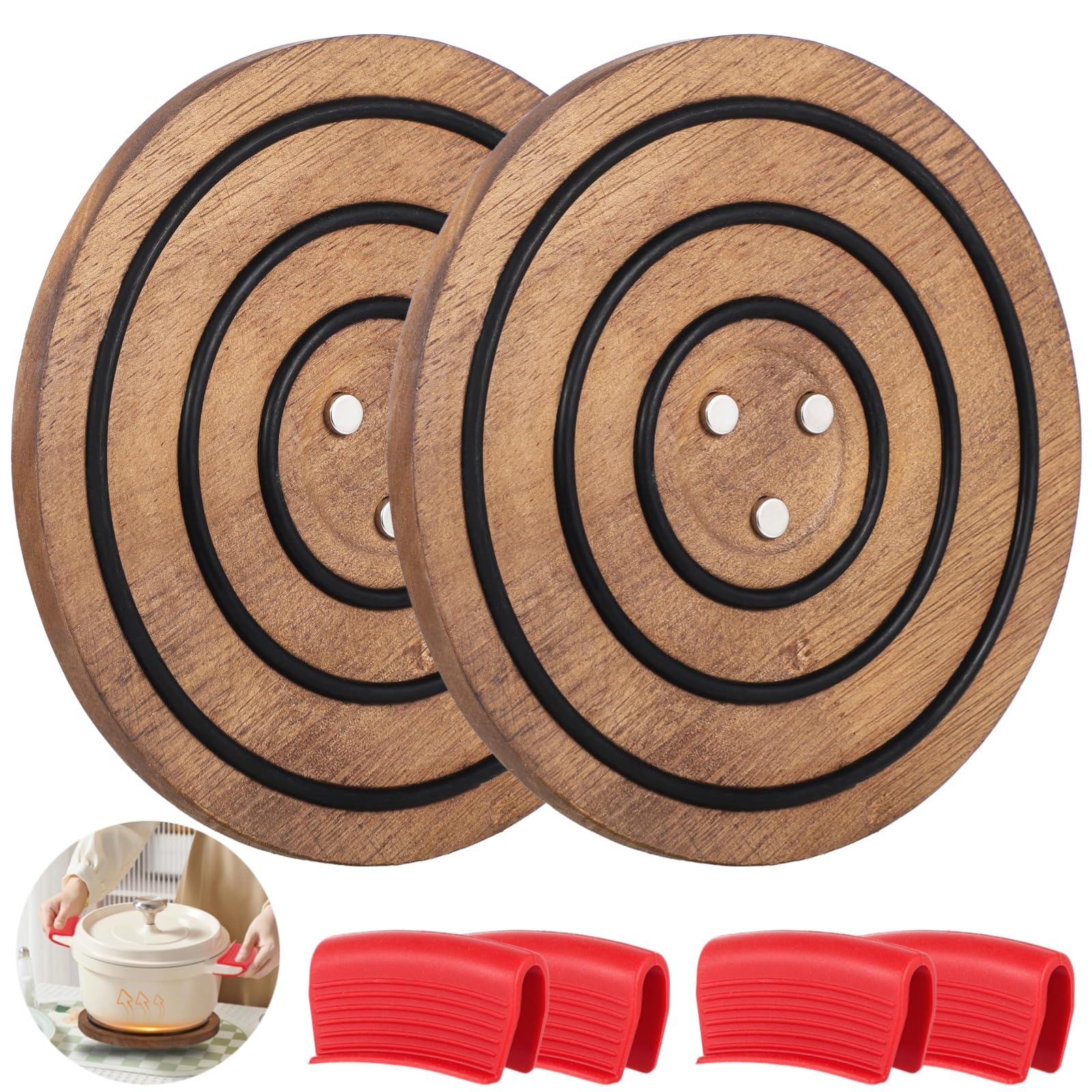 Photo 1 of 2 Pcs Magnetic Wooden Trivet, 8? Round Acacia Wood with Black Silicone Rings Heat Resistant Pot Holder Stand Pad with 4 Silicone Pan Holders for Hot Dutch Ovens&Cast Iron Skillets