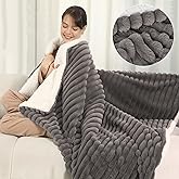Electric Blanket Throw Size 50x60 Inches, Extra Thick 350GSM Luxury Faux Fur Plus 200GSM Sherpa with 3D Strip Design, Fast Heating with ETL Certified, Machine Washable, Gray