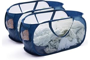 TECHMILLY Mesh Pop Up Laundry Basket with Strong Handles, Large Opening Collapsible Clothes Hampers, Portable & Easy for Use (2 Pack, Blue)