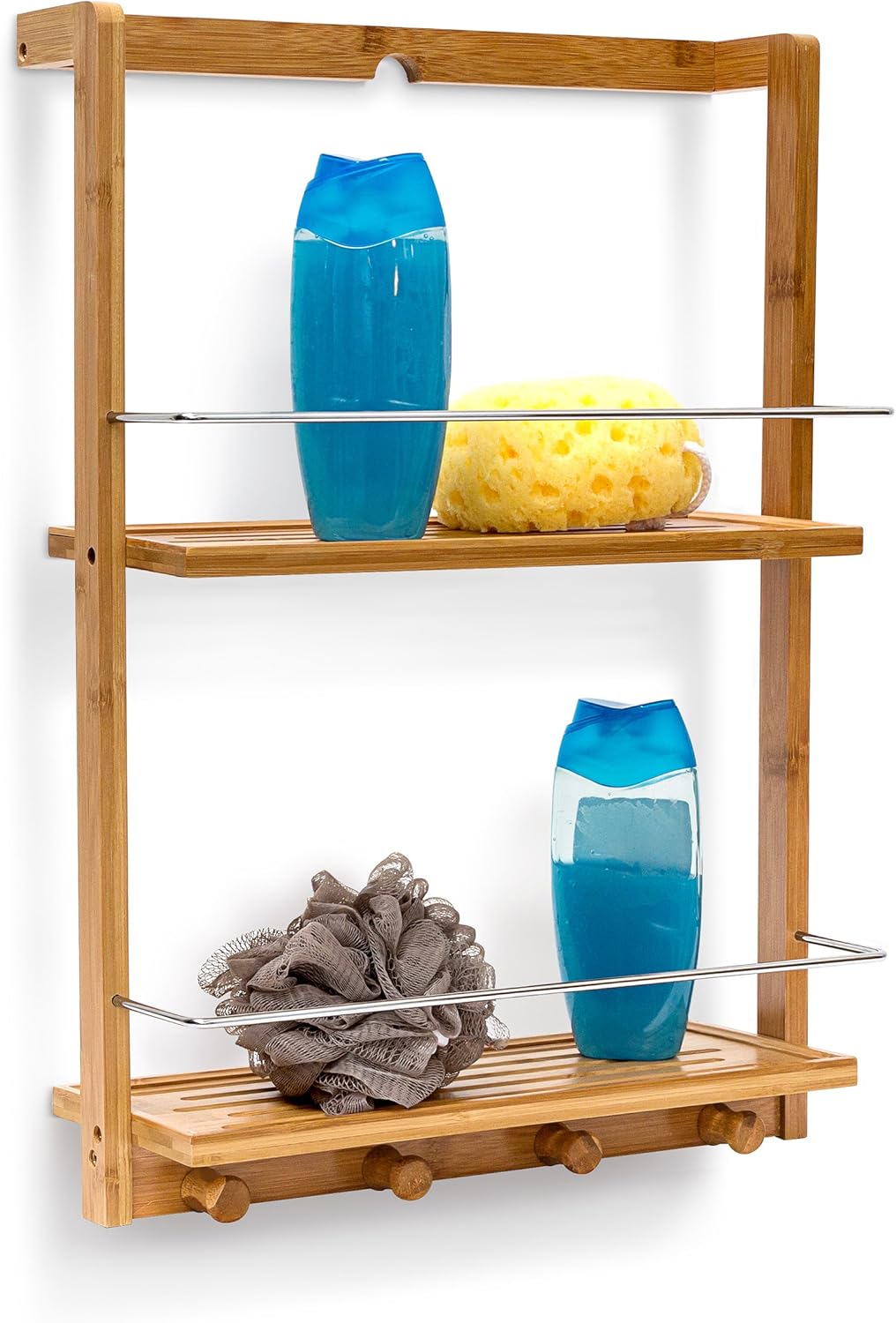 Relaxdays Bamboo Shower Caddy Shelf Organiser with 2 Shelves Shower Rack with Moisture-Resistant Wood for Kitchen and Bathroom Bathroom Shelf or Spice Rack with 4 Hand Towel Hook