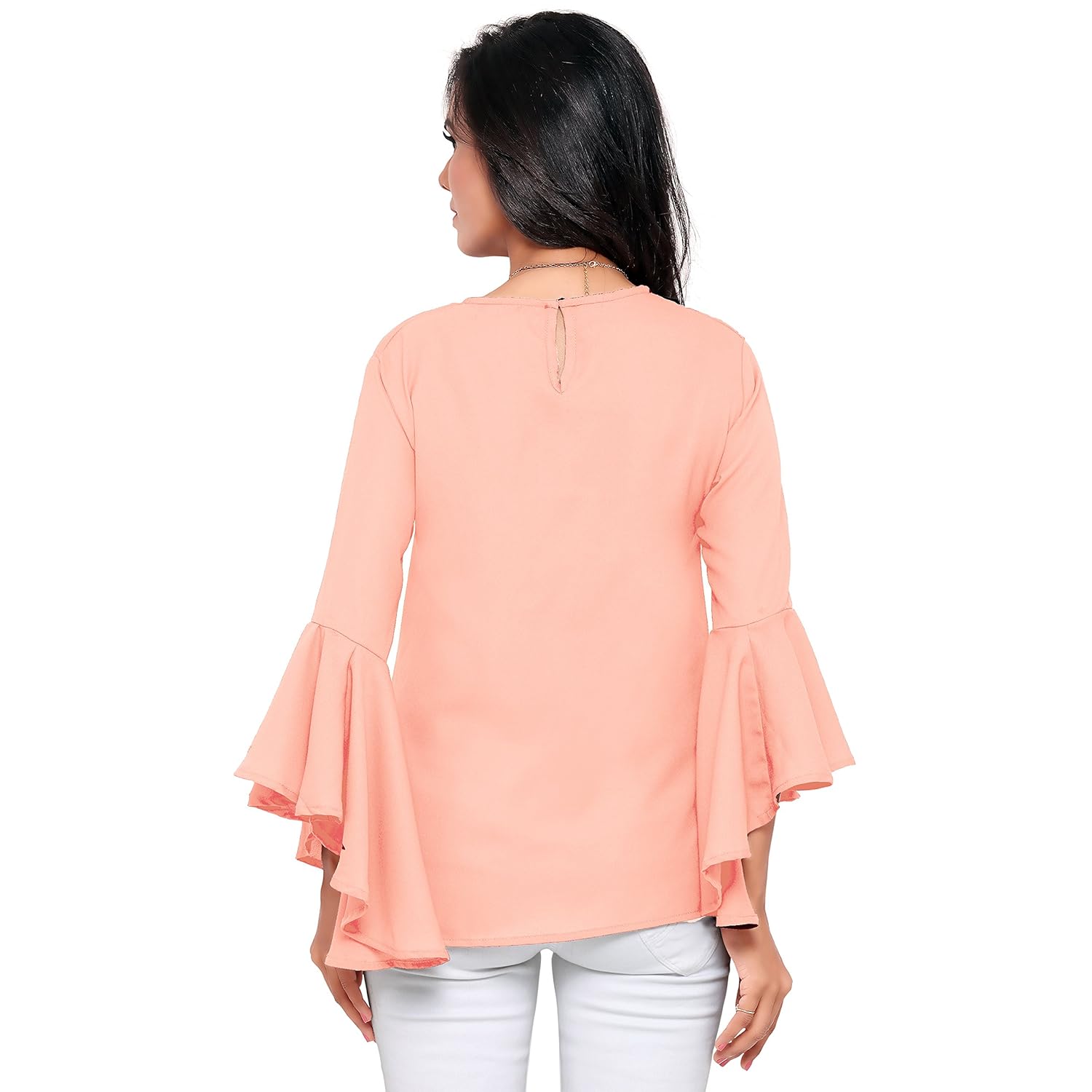 serein women's top (peach soft crepe georgette top with flute/bell sleeves)