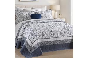 DDUOXIN Botanical Oversized King Bedspread - 120" W x120 L Extra Wide 100% Cotton California Quilt, Lightweight Reversible Oversize Bedspreads with 2 Pillow Shams, Insignia Blue/White