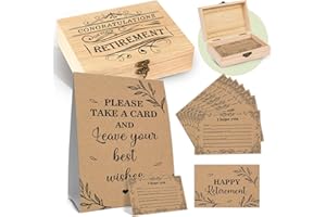 DEANHOT 52 Pcs Happy Retirement Party Card Box, Happy Wishes Card Box, Wish and Advice Congratulations Guest Book Cards, Wooden Boxes with Double Sided Congratulations Cards, Retire Decor Gift for Men Women