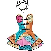 MEOWCOS Gothic A-line Dress Cosplay V-neck Corset Double Layered Skirt Corlorful Patchwork Halloween Costume