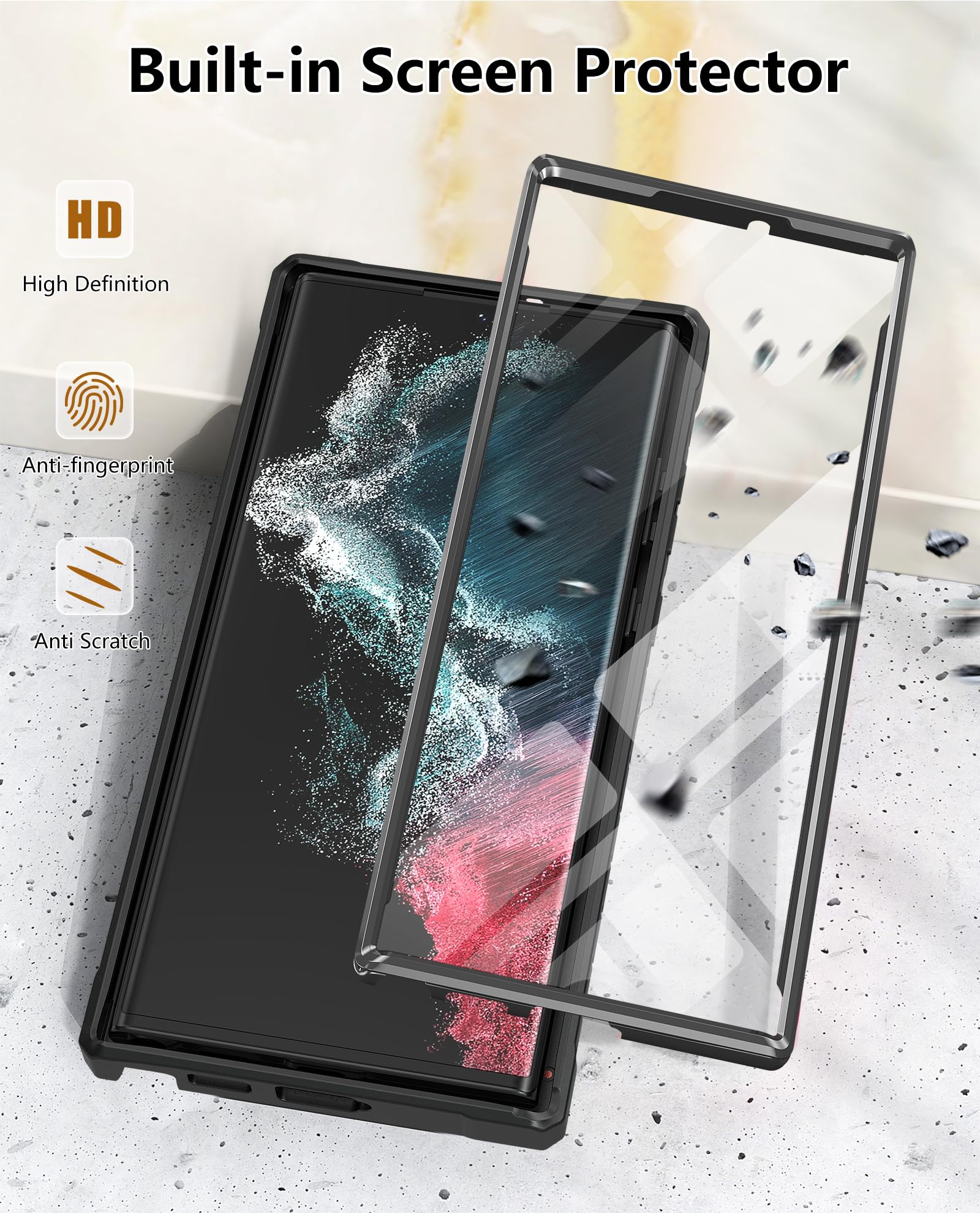 FNTCASE for Samsung Galaxy S22 Ultra Case: Built-in Screen Protector & Kickstand Full-Body Dual Layer Rugged Military Grade Shockproof Protection Heavy Duty Protective Phone Cover 5G-Black