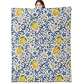 vnlvnl Lemon Blanket Lightweight Flannel Blankets Gifts for Adults Mediterranean Watercolor Botanical with Blue Floral Printed Throw for Couch Chair Office Bedroom Spring Summer Decor, 60x50inch