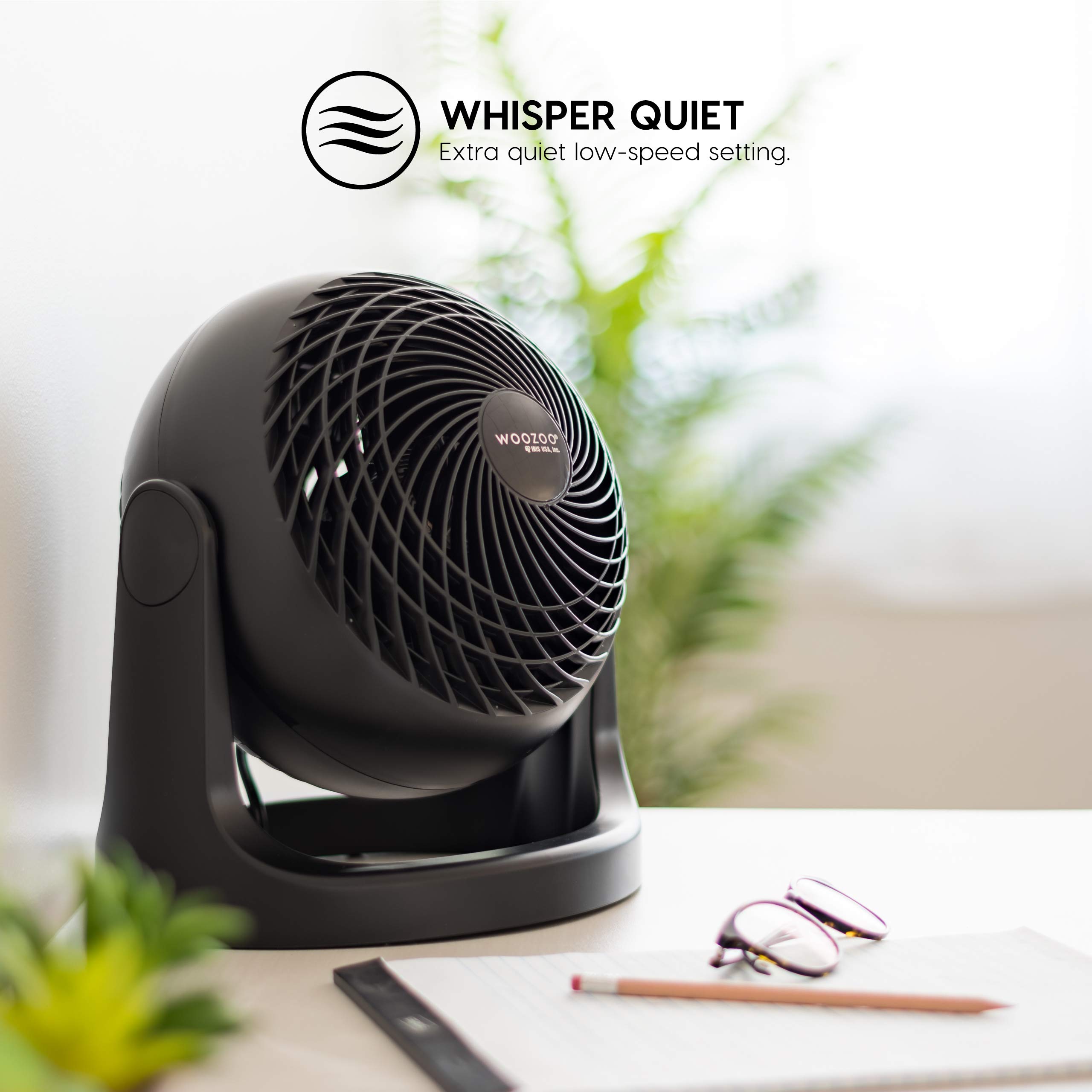 IRIS USA WOOZOO Desk Fan, Air Circulator, 3 Speeds, 52ft Max Air Distance, 360° Adjustable Tilt, 30 db Quiet Motor, Fan for Bedroom, Office, Dorm, Medium, Black