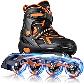 2PM SPORTS Adjustable Inline Skates for Kids, Youth and Adults | beginner friendly; triple closure; light-up wheels; ABEC-7 bearings; Arch support; 2 non-woven bags