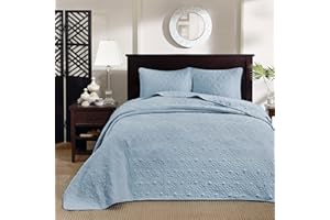 Madison Park Quebec Reversible Quilt Set Damask Design, Double Sided Stitching All Season, Lightweight Bedspread Bedding Set, Matching Sham, Blue, Queen(102"x118") 3 Piece