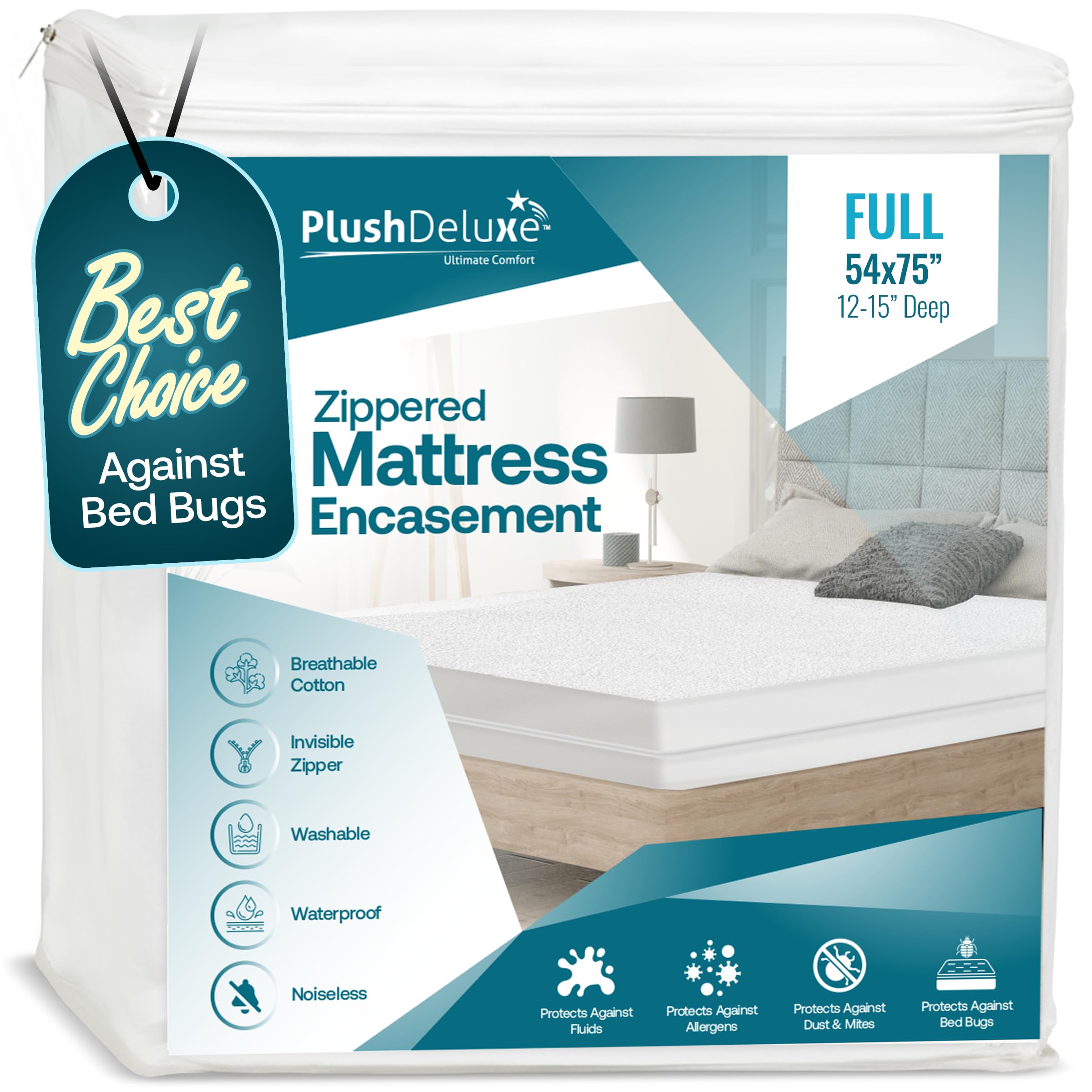PlushDeluxe Full Size Premium Mattress Encasement - Zippered Waterproof, Bedbug Proof Design, 6-Sided Protection - Hypoallergenic Cotton Terry Fabric 12-15" Depth Image