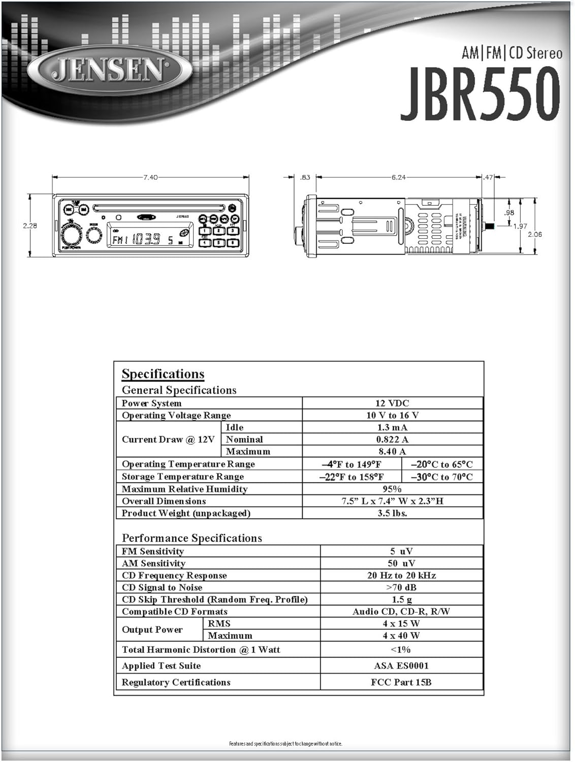 Amazon Com Jensen Jbr550 Heavy Duty Am Fm Cd Stereo 12 Volt Dc 160 Watts 4x40w Output Power Single Disc Cd Cdr Cdrw Playback Usa Am Fm Tuner With 30 Station Presets 12 Am 18 Fm Pa