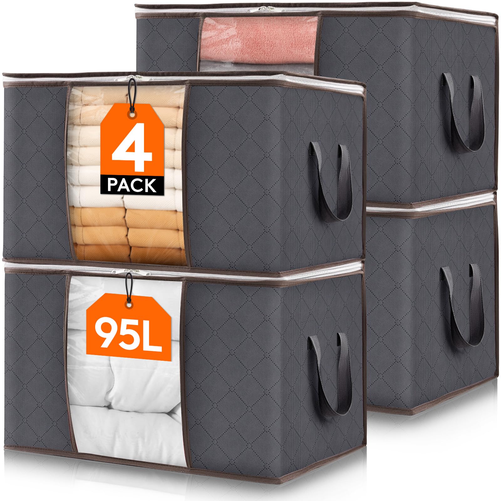 Lifewit 95L Clothes Storage Bags, Foldable Storage Box Moving Bags Wardrobe Storage Organiser Packing Boxes for Moving House with Clear Window for Clothing Bedding Blankets, Grey, 4 Pack