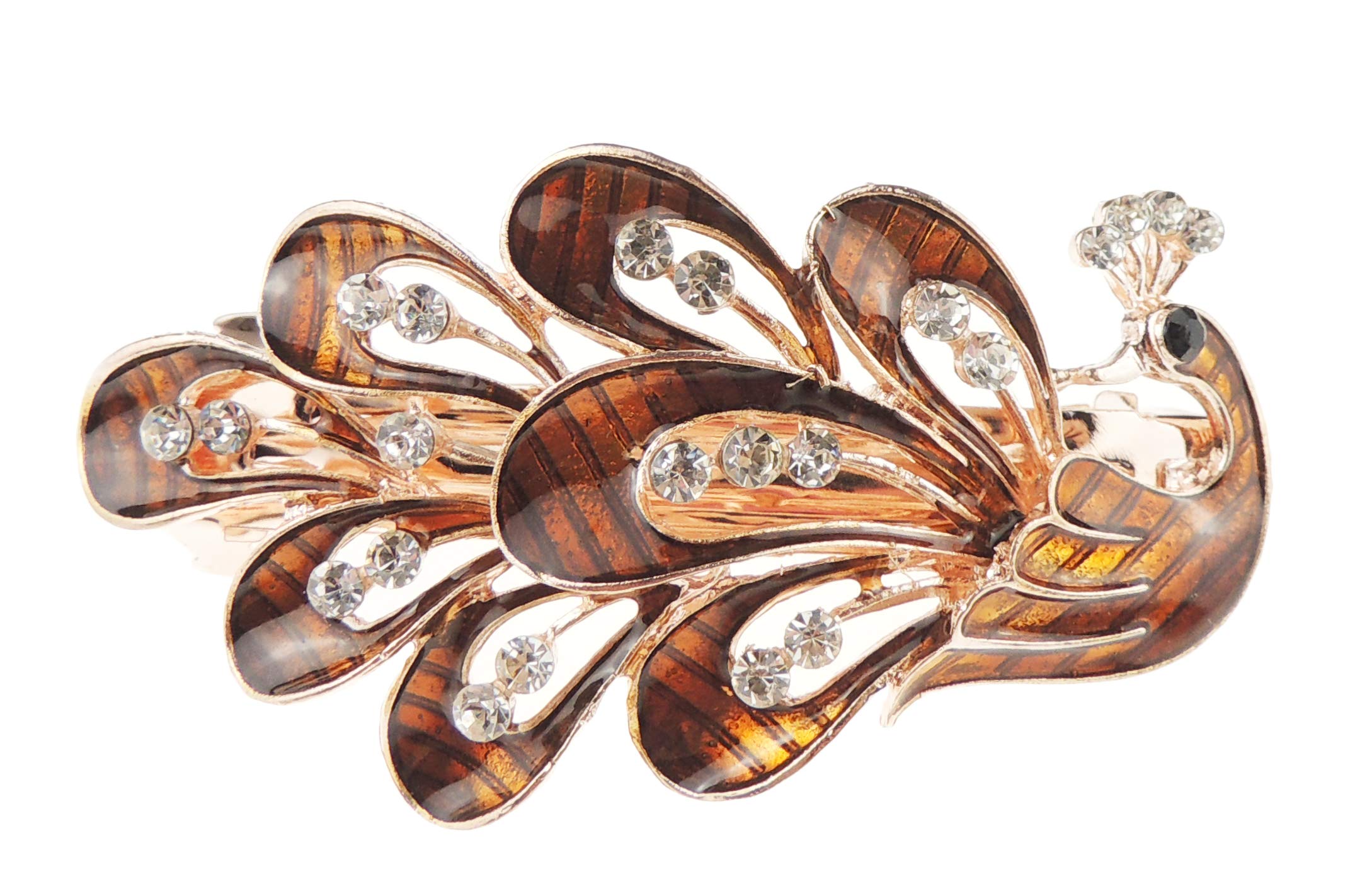 Womens Girls Crystal Rhinestone Diamante Wedding Birthday Party Evening Ponytail Fine Medium Occasion Barrette Hairpin Grip French Spring Clip Metal Enamel Peacock Bird Feathers (Copper)